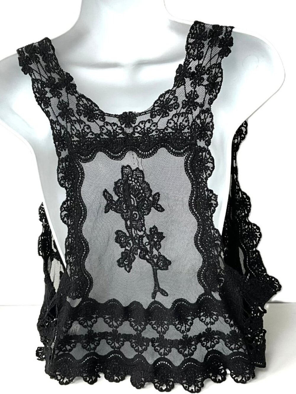Nella Fantasia Black Lace Sheer Open Front Crochet Vest Top Boho Romantic